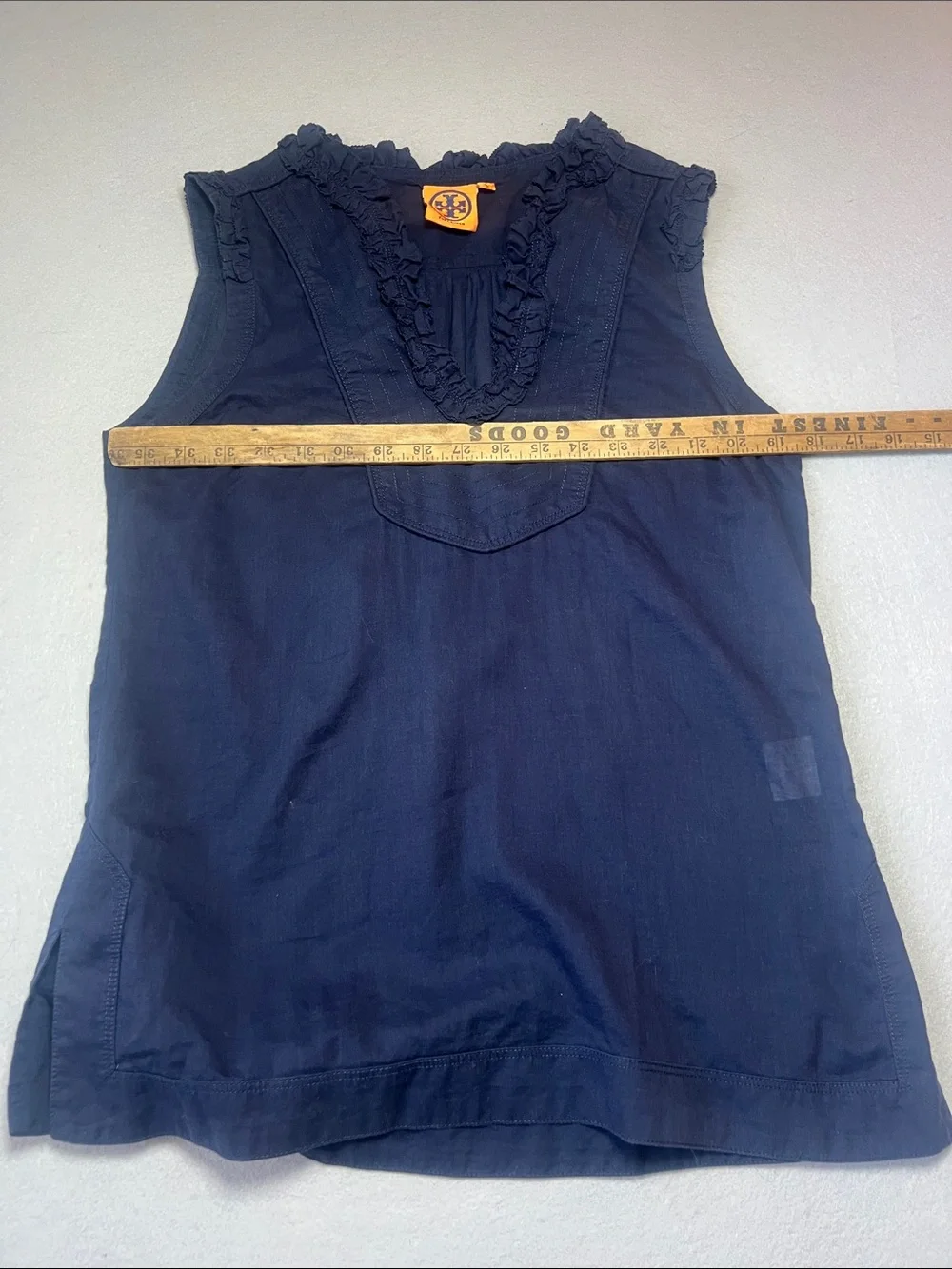 Preppy Boho Coastal Ruffle Sleeveless Cotton Navy Blue shirt by Tory Burch